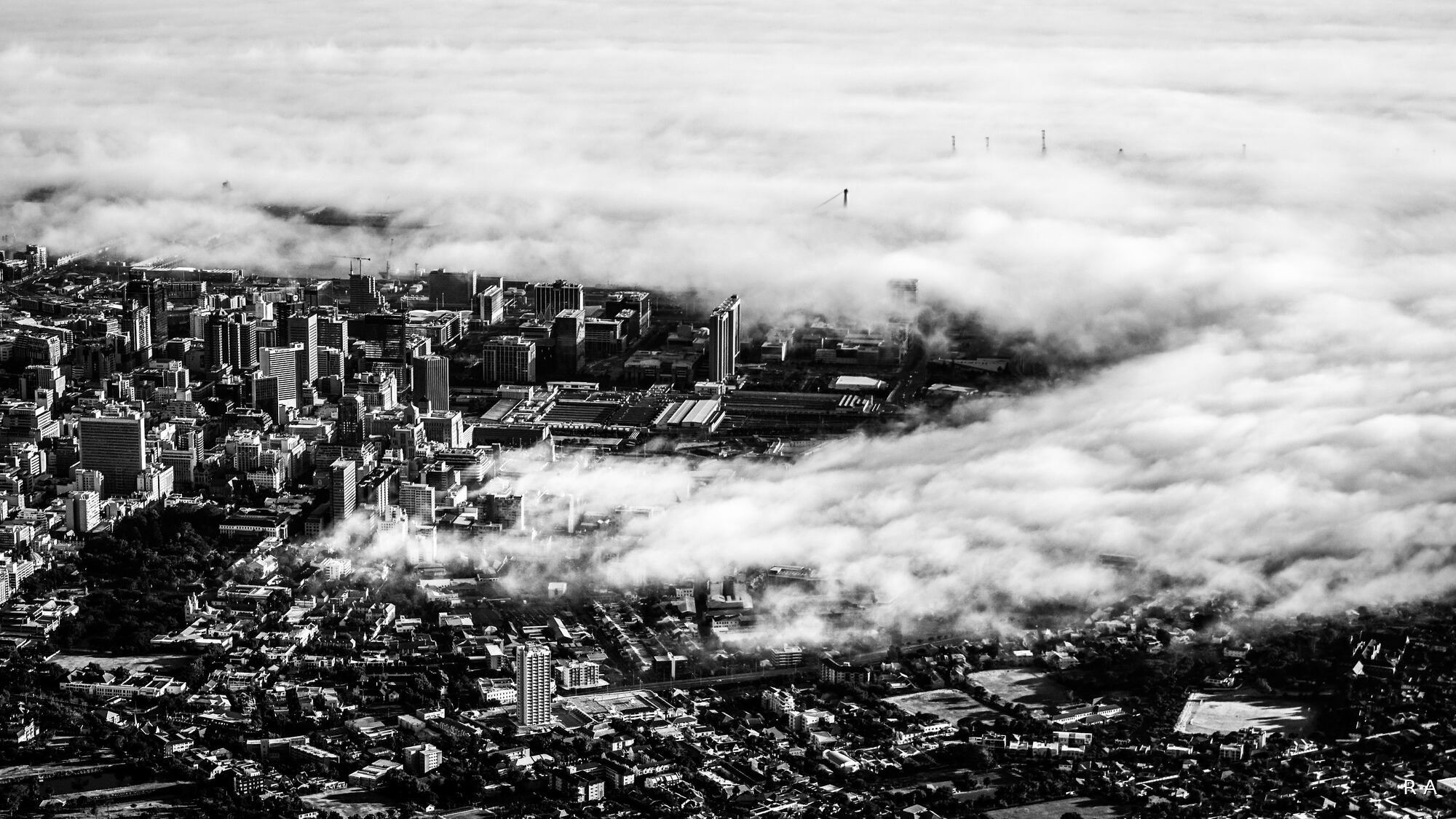 Aerial view of Cape Town under fog
